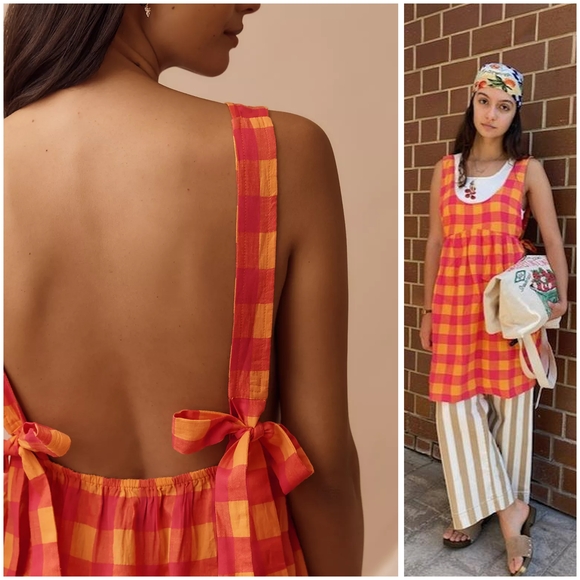 By Anthropologie, Pink And Orange Gingham Apron Mini Nap Dress - Picture 2 of 3